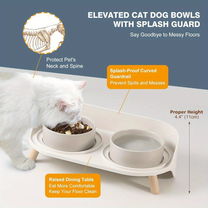 Elevated Ceramic Cat Bowl Set - Raised Double Dishes for Food & Water - Non- Slip Stand & Splash Proof - for Cats & Puppies - 2 x 480ml - 16. 23oz - Image 5