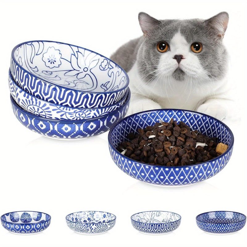 Ceramic Cat Food Bowl Set of 4, 5. 6 Inch Wide Shallow Cat Bowls/ Dishes for Food and Water, Vintage Blue - Image 3