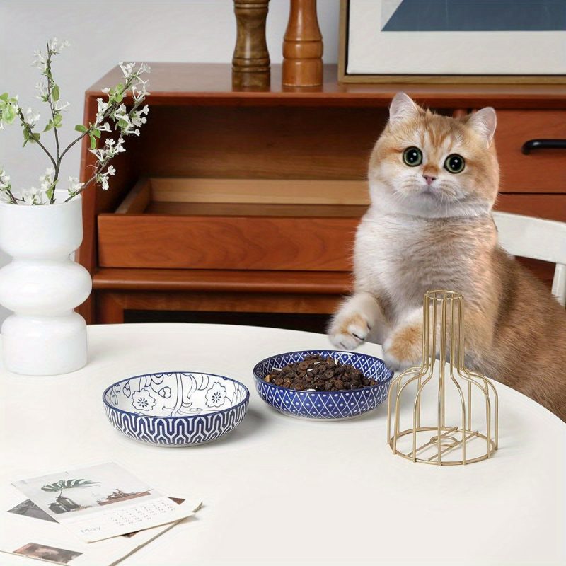 Ceramic Cat Food Bowl Set of 4, 5. 6 Inch Wide Shallow Cat Bowls/ Dishes for Food and Water, Vintage Blue - Image 6