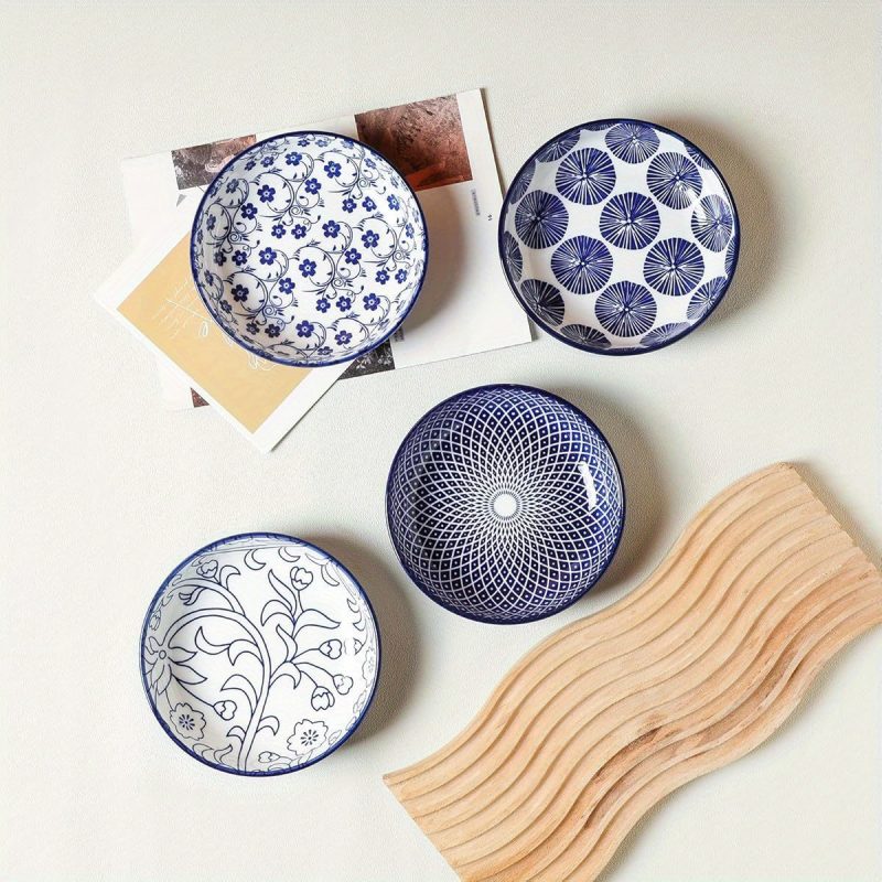 Ceramic Cat Food Bowl Set of 4, 5. 6 Inch Wide Shallow Cat Bowls/ Dishes for Food and Water, Vintage Blue - Image 5