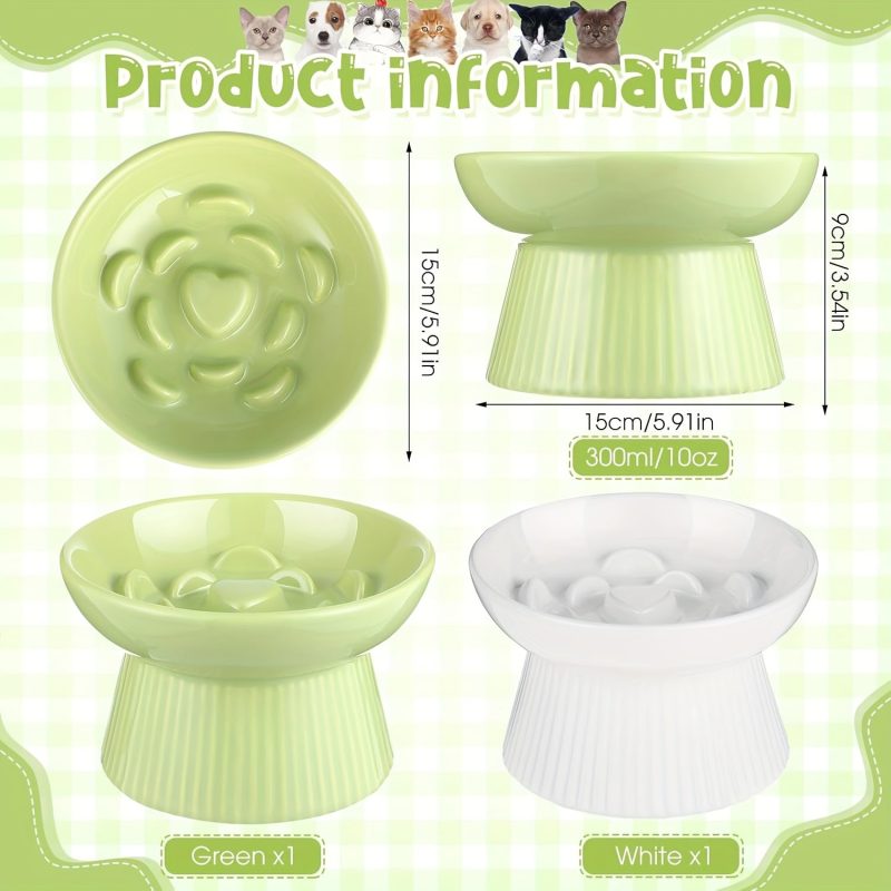 2pcs Ceramic Elevated Slow Feeder Cat Bowls - Heart-Shaped Design, Raised Food & Water Dishes for Cats & Small Dogs, Dishwasher Safe, White & Green Pet Bowls with High Edges to Prevent Spillage, Nontoxic Material, Multipet Households - Image 5