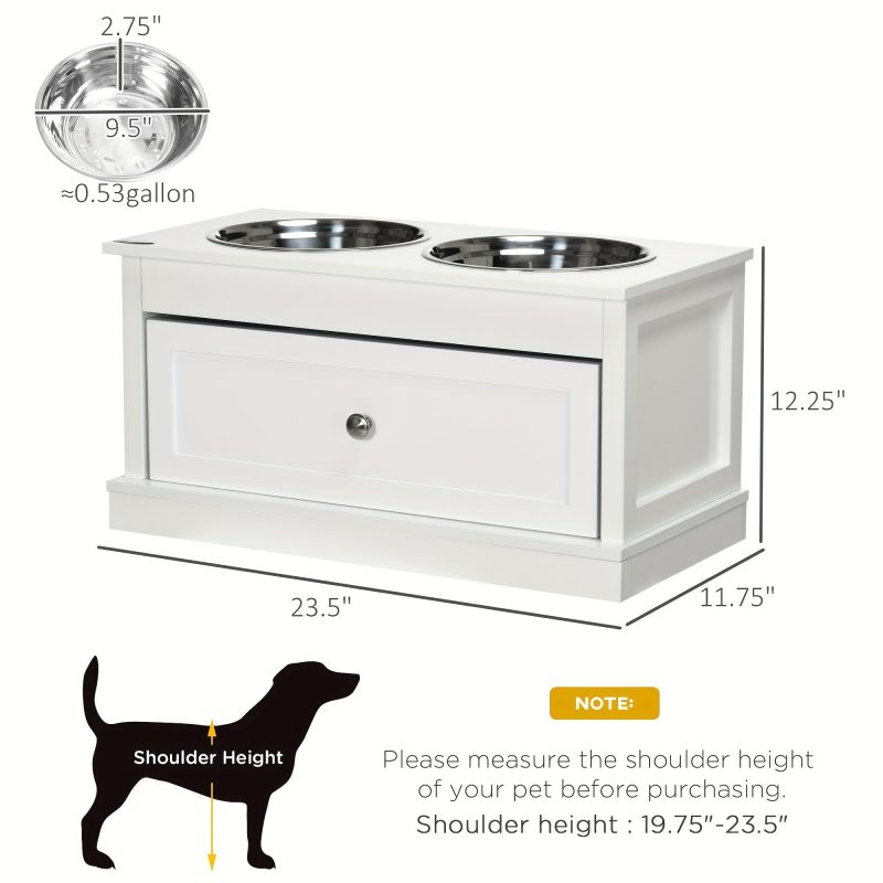 11L Capacity Elevated Dog Bowls with Storage Drawer - Large Raised Dog Bowl Stand Pet Food Bowl Dog Feeding Station, White - Image 2
