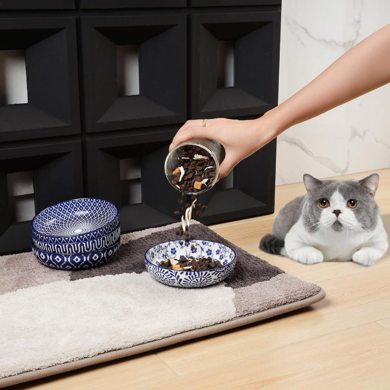 Ceramic Cat Food Bowl Set of 4, 5. 6 Inch Wide Shallow Cat Bowls/ Dishes for Food and Water, Vintage Blue - Image 4