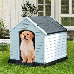YardBliss Large Water-Resistant Insulated Dog House - Gray Plastic Kennel with Air Vents, Elevated Floor, Easy Assembly, Sturdy Puppy Shelter (28.5"L x 26"W x 28"H)