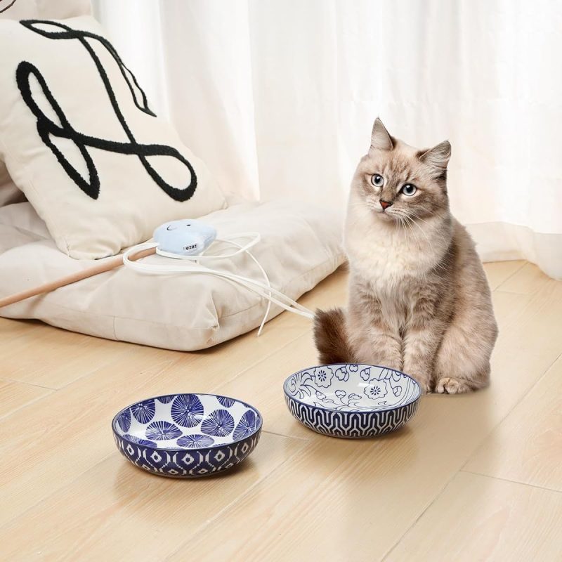 Ceramic Cat Food Bowl Set of 4, 5. 6 Inch Wide Shallow Cat Bowls/ Dishes for Food and Water, Vintage Blue - Image 2