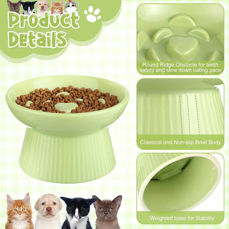 2pcs Ceramic Elevated Slow Feeder Cat Bowls - Heart-Shaped Design, Raised Food & Water Dishes for Cats & Small Dogs, Dishwasher Safe, White & Green Pet Bowls with High Edges to Prevent Spillage, Nontoxic Material, Multipet Households - Image 3