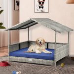 38" Large Wicker Dog House with Cushion - Water-Resistant Outdoor Rattan Doghouse with Canopy, Elevated Raised Dog Bed for Small, Medium, and Large Dogs, Indoor & Outdoor Use, Extra Large Dog House