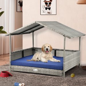 38" Large Wicker Dog House with Cushion - Water-Resistant Outdoor Rattan Doghouse with Canopy, Elevated Raised Dog Bed for Small, Medium, and Large Dogs, Indoor & Outdoor Use, Extra Large Dog House