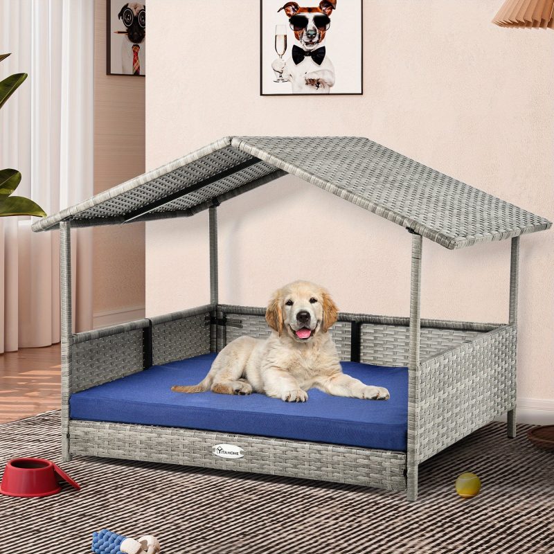 38" Large Wicker Dog House with Cushion - Water-Resistant Outdoor Rattan Doghouse with Canopy, Elevated Raised Dog Bed for Small, Medium, and Large Dogs, Indoor & Outdoor Use, Extra Large Dog House