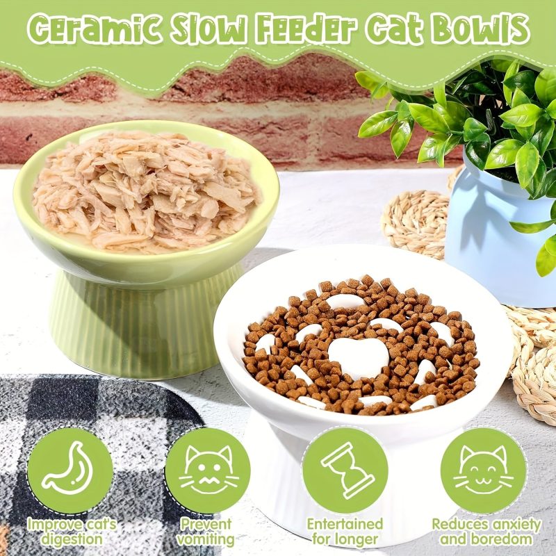 2pcs Ceramic Elevated Slow Feeder Cat Bowls - Heart-Shaped Design, Raised Food & Water Dishes for Cats & Small Dogs, Dishwasher Safe, White & Green Pet Bowls with High Edges to Prevent Spillage, Nontoxic Material, Multipet Households - Image 2