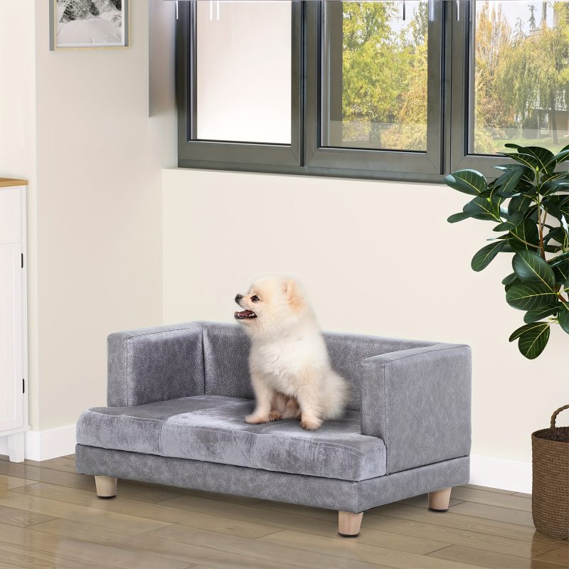 [Luxury Dog Bed] Gray Luxury PawHut Dog Bed - Small Dog Couch With Thick Foam, Soft Fuzzy & Combo, Rectangle Modern Furniture For Puppies And Little Breeds - Image 2