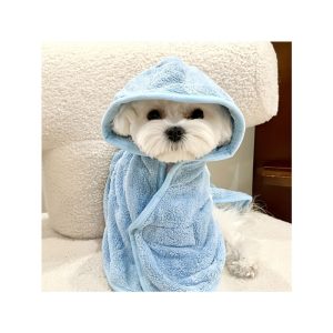 Ultra-Absorbent Quick-Dry Bathrobe for Small to Medium Dogs & Cats - Cozy All-Season Comfort, Soft 100% Acrylic, Secure Magic Tape Closure, Light Blue with Hood