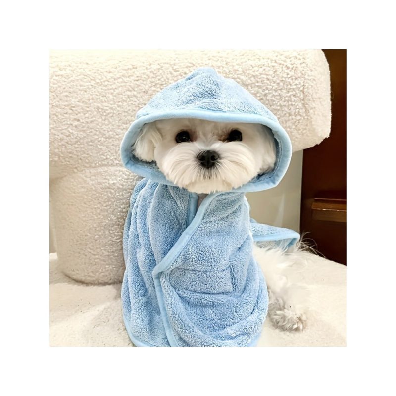 Ultra-Absorbent Quick-Dry Bathrobe for Small to Medium Dogs & Cats - Cozy All-Season Comfort, Soft 100% Acrylic, Secure Magic Tape Closure, Light Blue with Hood