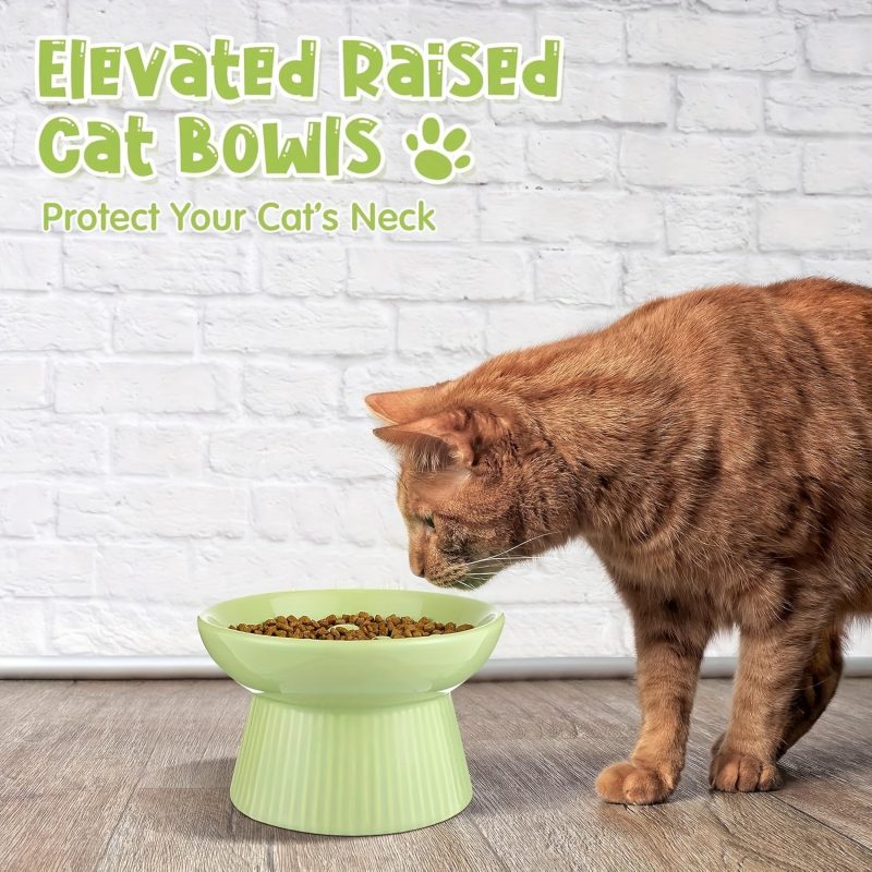 2pcs Ceramic Elevated Slow Feeder Cat Bowls - Heart-Shaped Design, Raised Food & Water Dishes for Cats & Small Dogs, Dishwasher Safe, White & Green Pet Bowls with High Edges to Prevent Spillage, Nontoxic Material, Multipet Households - Image 6