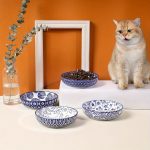 Ceramic Cat Food Bowl Set of 4, 5. 6 Inch Wide Shallow Cat Bowls/ Dishes for Food and Water, Vintage Blue