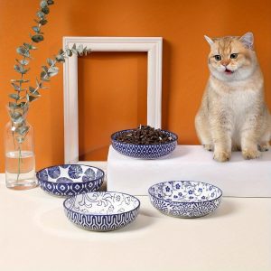 Ceramic Cat Food Bowl Set of 4, 5. 6 Inch Wide Shallow Cat Bowls/ Dishes for Food and Water, Vintage Blue