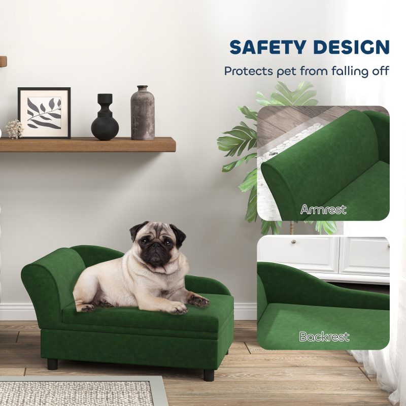 PawHut Luxury Green Polyester Small Dog Sofa Bed with Storage - Comfy Rectangular Pet Couch for Small Breeds, Easy Assembly, Modern Design for Cozy Home Decor - Image 2