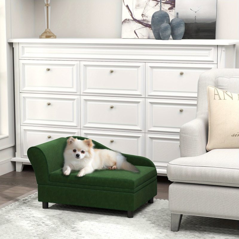 PawHut Luxury Green Polyester Small Dog Sofa Bed with Storage - Comfy Rectangular Pet Couch for Small Breeds, Easy Assembly, Modern Design for Cozy Home Decor - Image 6