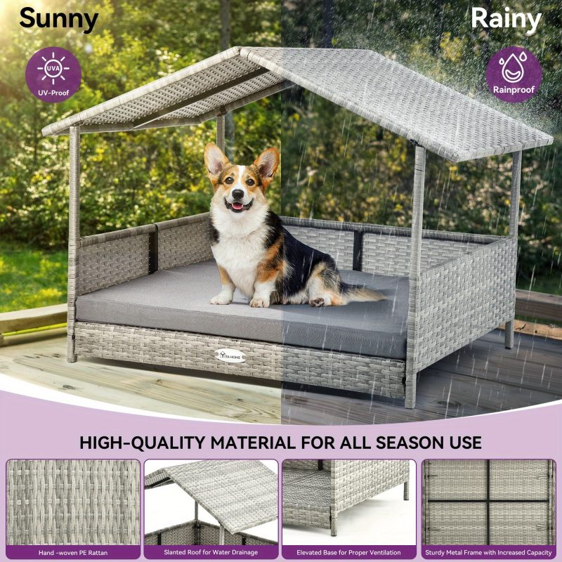 38" Large Wicker Dog House with Cushion - Water-Resistant Outdoor Rattan Doghouse with Canopy, Elevated Raised Dog Bed for Small, Medium, and Large Dogs, Indoor & Outdoor Use, Extra Large Dog House - Image 6