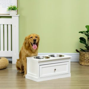 11L Capacity Elevated Dog Bowls with Storage Drawer - Large Raised Dog Bowl Stand Pet Food Bowl Dog Feeding Station, White