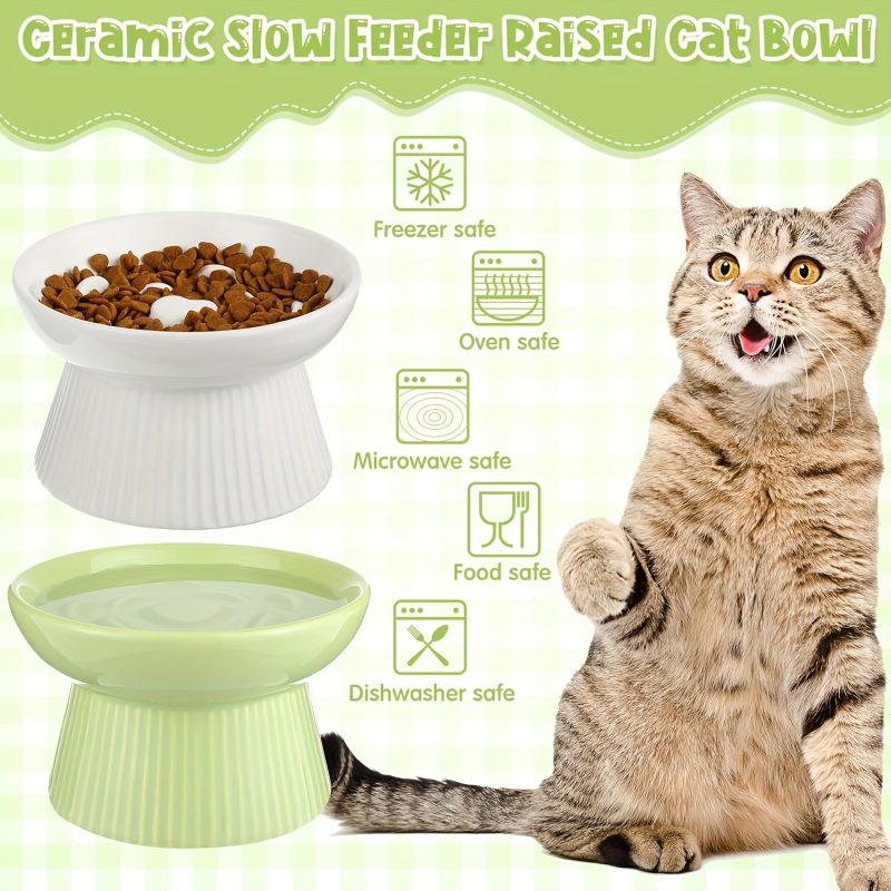 2pcs Ceramic Elevated Slow Feeder Cat Bowls - Heart-Shaped Design, Raised Food & Water Dishes for Cats & Small Dogs, Dishwasher Safe, White & Green Pet Bowls with High Edges to Prevent Spillage, Nontoxic Material, Multipet Households - Image 4