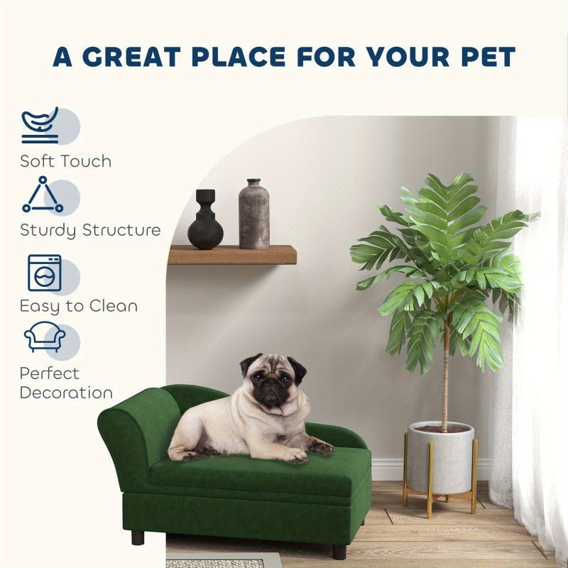 PawHut Luxury Green Polyester Small Dog Sofa Bed with Storage - Comfy Rectangular Pet Couch for Small Breeds, Easy Assembly, Modern Design for Cozy Home Decor - Image 5