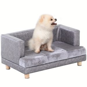 [Luxury Dog Bed] Gray Luxury PawHut Dog Bed - Small Dog Couch With Thick Foam, Soft Fuzzy & Combo, Rectangle Modern Furniture For Puppies And Little Breeds