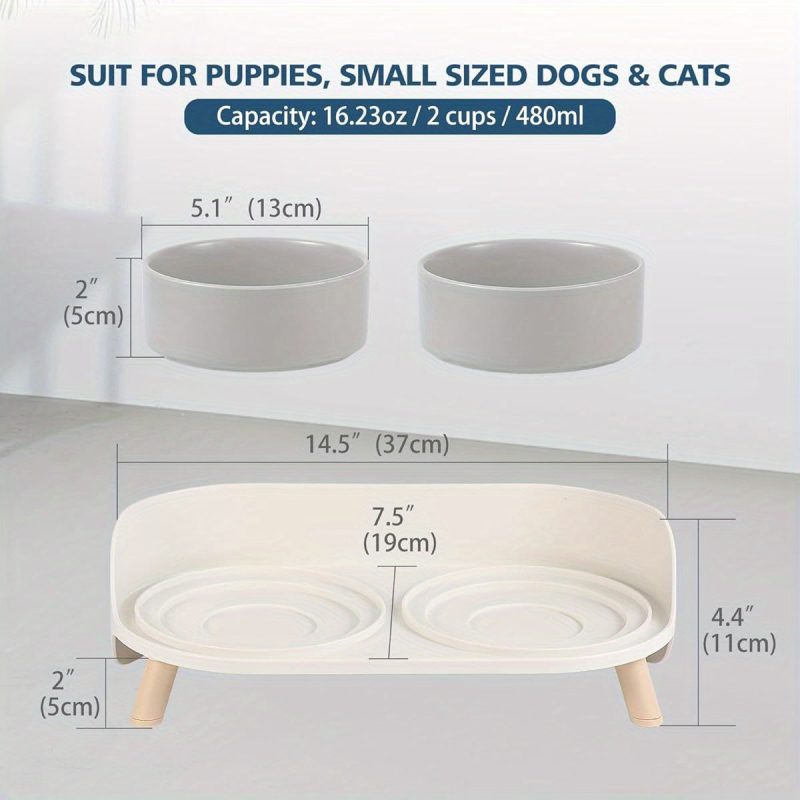 Elevated Ceramic Cat Bowl Set - Raised Double Dishes for Food & Water - Non- Slip Stand & Splash Proof - for Cats & Puppies - 2 x 480ml - 16. 23oz - Image 4