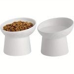 Ceramic Raised Cat Bowls, Elevated Tilted Cat Food and Water Bowls Set, Porcelain Stress Free Pet Feeder Dish for Cats and Small Dogs, Dishwasher and Microwave Safe, Set of 2 ( White)