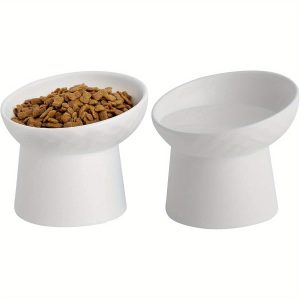 Ceramic Raised Cat Bowls, Elevated Tilted Cat Food and Water Bowls Set, Porcelain Stress Free Pet Feeder Dish for Cats and Small Dogs, Dishwasher and Microwave Safe, Set of 2 ( White)