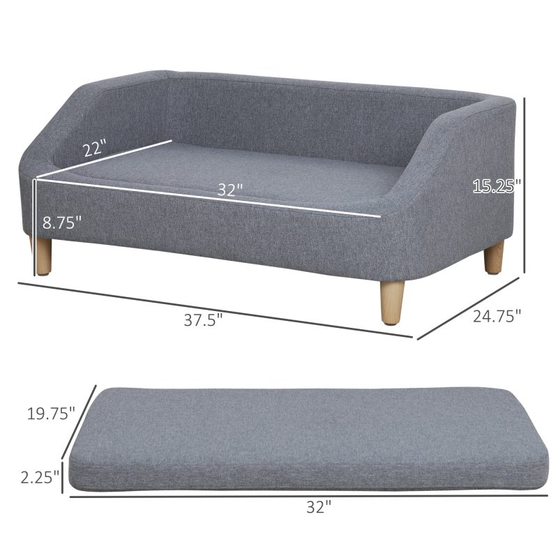 PawHut 38" Dog Sofa for Medium Large Dogs, Dog Couch with Removable Cushion, Washable Cover, Anti-slip Feet for Dogs Up to 55 lbs, Gray - Image 5