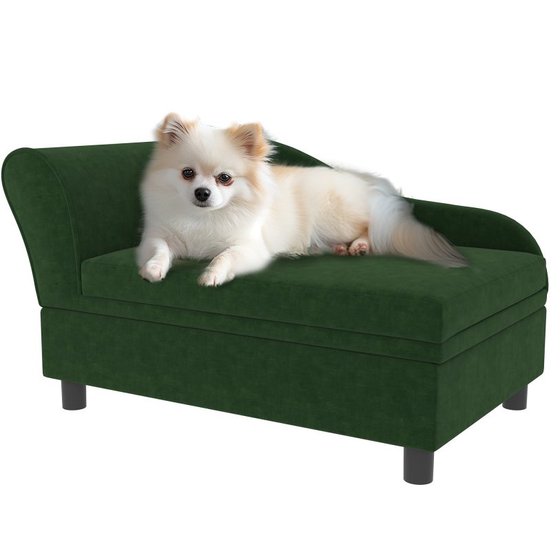 PawHut Luxury Green Polyester Small Dog Sofa Bed with Storage - Comfy Rectangular Pet Couch for Small Breeds, Easy Assembly, Modern Design for Cozy Home Decor - Image 3