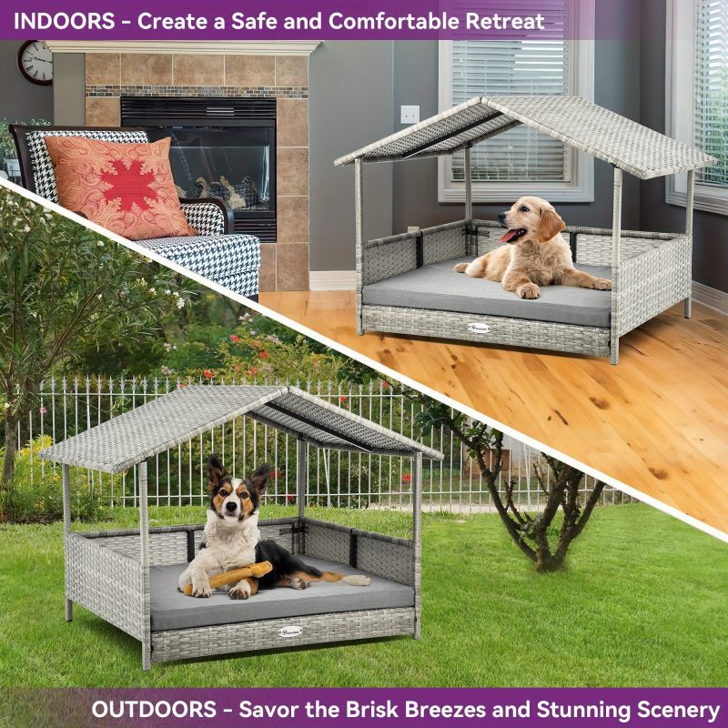 38" Large Wicker Dog House with Cushion - Water-Resistant Outdoor Rattan Doghouse with Canopy, Elevated Raised Dog Bed for Small, Medium, and Large Dogs, Indoor & Outdoor Use, Extra Large Dog House - Image 4